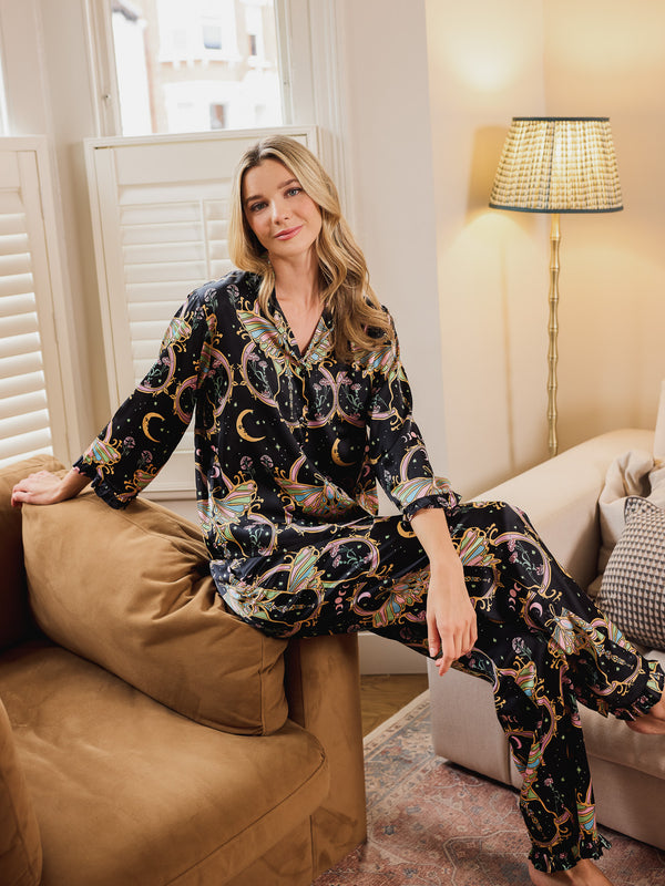 Womens Satin Micro Frill Pyjamas Black Mystic Moth
