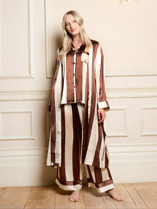 Womens Satin Grandpa Dressing Gown Robe Chocolate Stripe