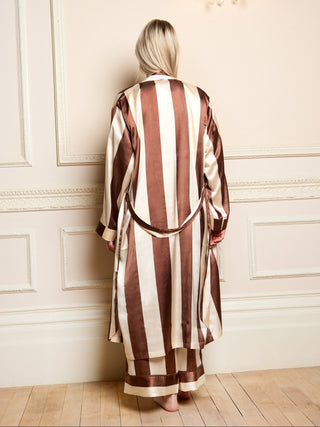 Womens Satin Grandpa Dressing Gown Robe Chocolate Stripe