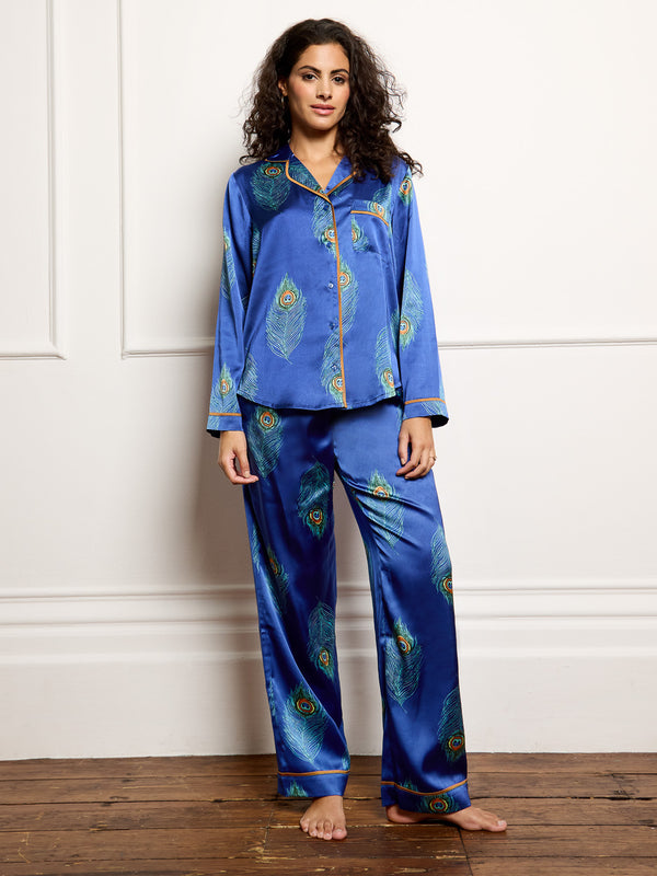 Womens Satin Traditional Pyjamas Navy Peacock Feather