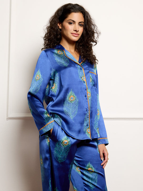 Womens Satin Traditional Pyjamas Navy Peacock Feather