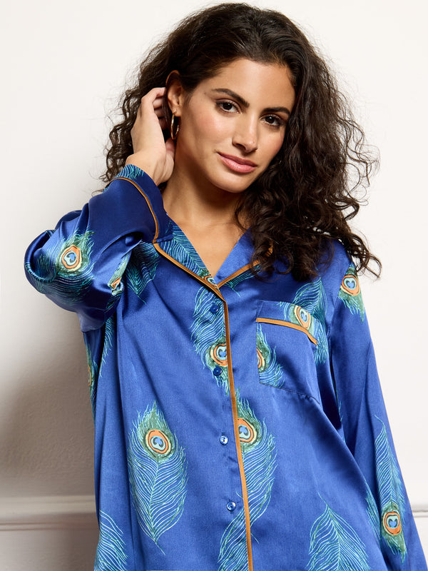 Womens Satin Traditional Pyjamas Navy Peacock Feather