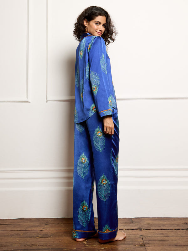 Womens Satin Traditional Pyjamas Navy Peacock Feather