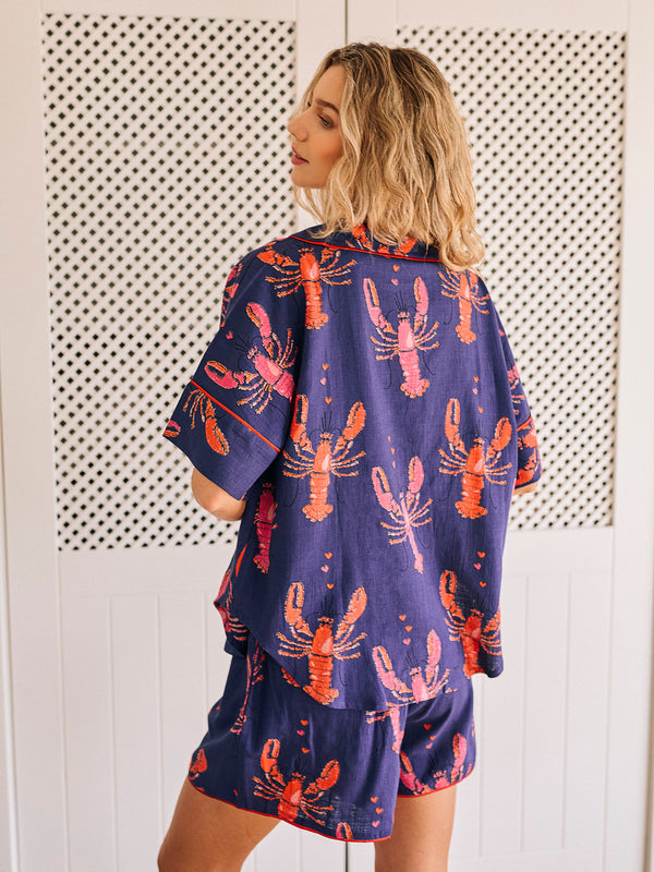 Womens Gauze Oversize Shortie Pyjamas Navy Lobster