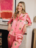 Womens Satin Cropped Sleeve Capri Pyjamas Pink Gold Peacock Feather