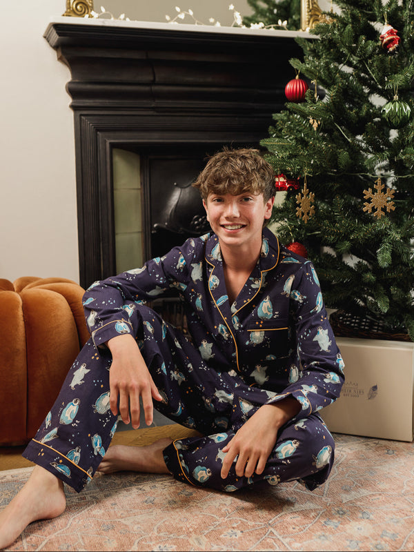 Tween Cotton Traditional Pyjamas Navy Penguins