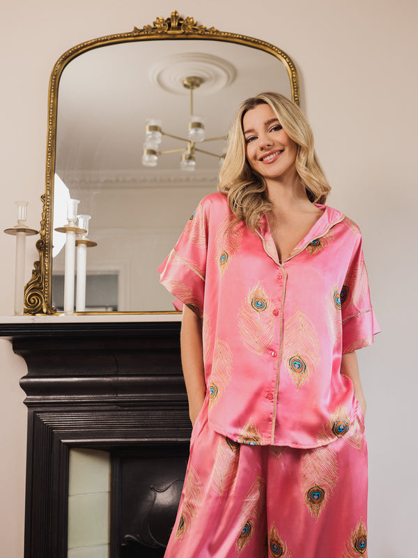 Womens Satin Oversize Pyjamas Pink Gold Peacock Feather