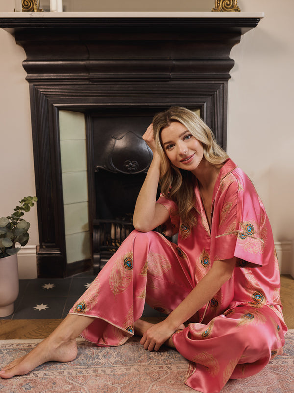 Womens Satin Oversize Pyjamas Pink Gold Peacock Feather