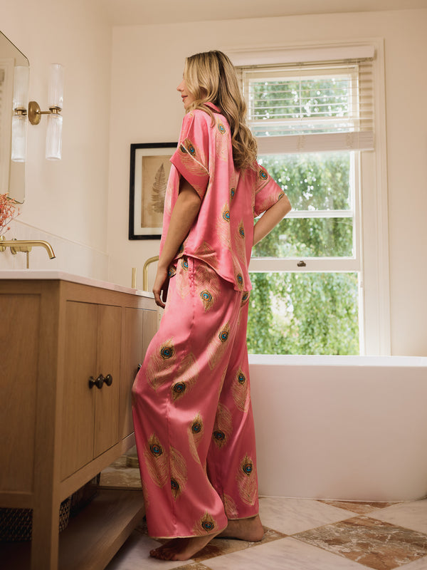 Womens Satin Oversize Pyjamas Pink Gold Peacock Feather
