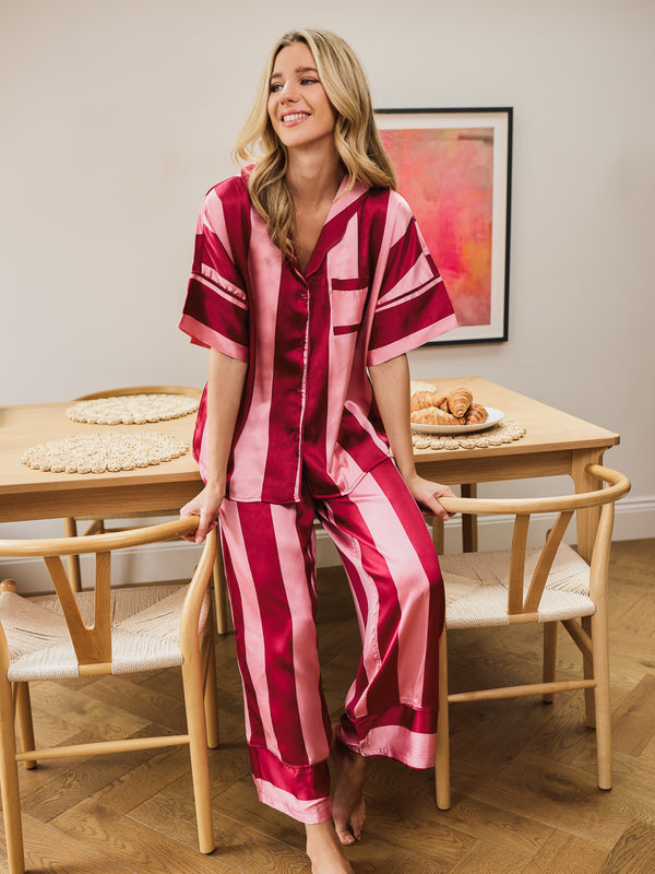 Womens Satin Oversize Pyjamas Pink Stripe