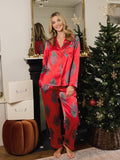 Womens Satin Traditional Pyjamas Red Peacock Feather