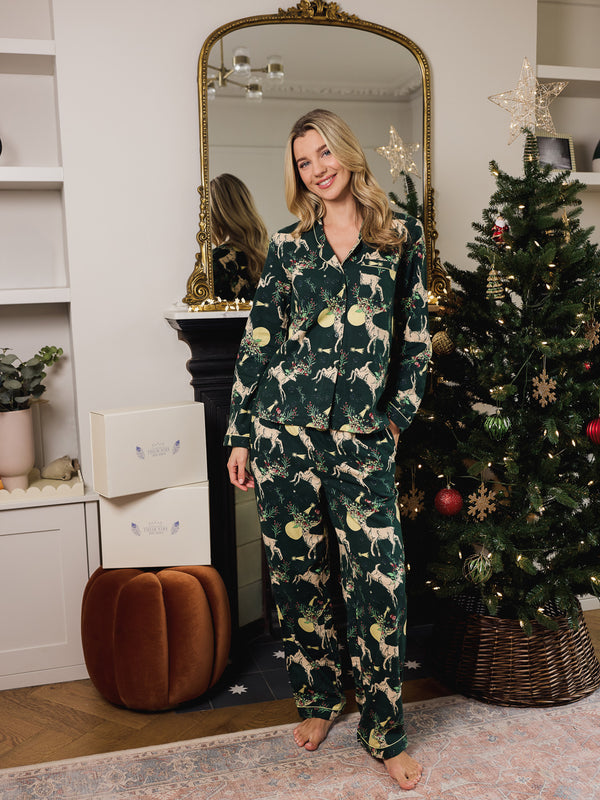 Womens Brushed Cotton Traditional Pyjamas Green Forest Reindeer