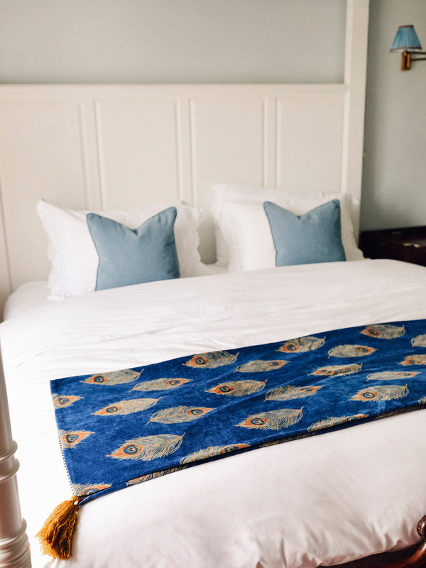 Velvet Throw Navy Peacock Gold Feather