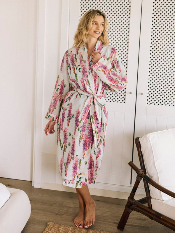 Womens Cotton Grandpa Robe White Wisteria