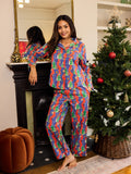 Womens Cotton Traditional Pyjamas Red Blue Christmas Tree Magic