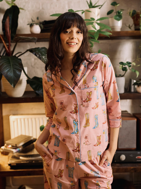 Womens Cotton Cropped Sleeve Capri Pyjamas Pink Cowgirl Boots