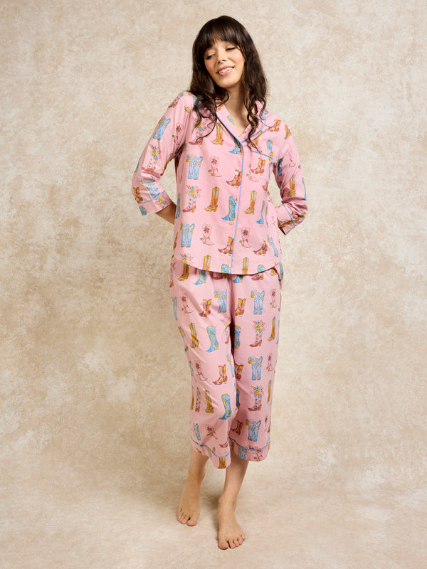 Womens Cotton Cropped Sleeve Capri Pyjamas Pink Cowgirl Boots