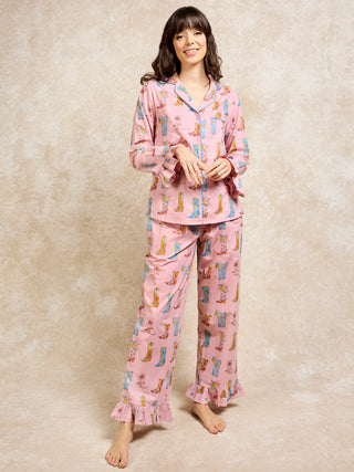 Womens Cotton Frill Pyjamas Pink Cowgirl Boots