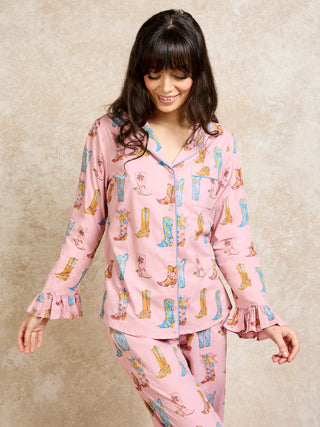 Womens Cotton Frill Pyjamas Pink Cowgirl Boots