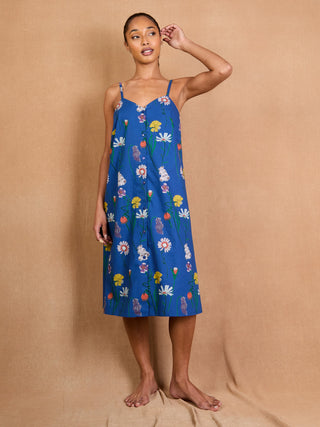 Womens Cotton Button Down Night Dress Navy Field Flower