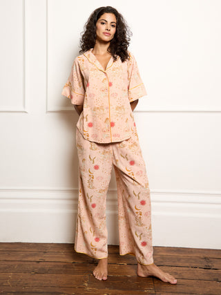Model wears goddess love hand drawn print pyjamas