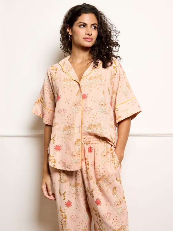 Model wears Thier Nibs  goddess love hand drawn print pyjamas