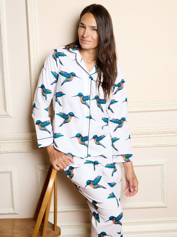 Womens Cotton Traditional Pyjamas White Hummingbird