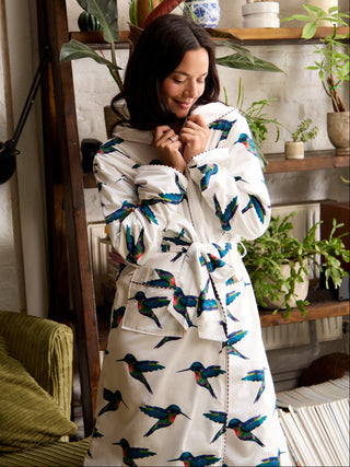 Womens Towelling Hooded Dressing Gown White Hummingbird