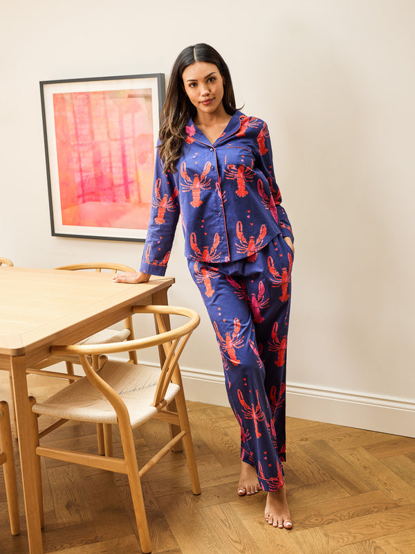 Womens Cotton Traditional Pyjamas Navy Lobsters