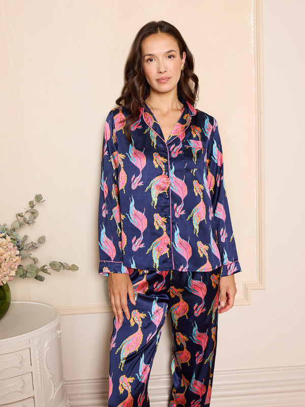 Womens Satin Traditional Pyjamas Deep Navy Magic Fish
