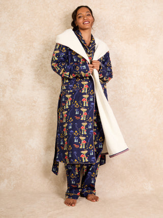 Womens Cosy Dressing Gown Robe Navy Mushroom