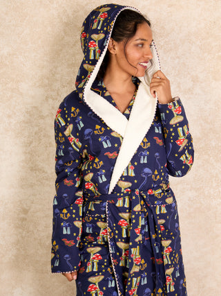 Womens Cosy Dressing Gown Robe Navy Mushroom