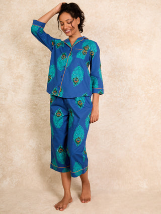 Womens Cotton Cropped Sleeve Capri Pyjamas Navy Blue Peacock Feather