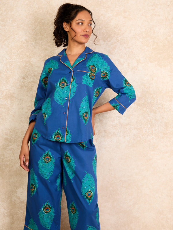 Womens Cotton Cropped Sleeve Capri Pyjamas Navy Blue Peacock Feather