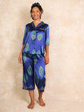 Womens Satin Cropped Sleeve Capri Pyjamas Navy Blue Peacock Feather