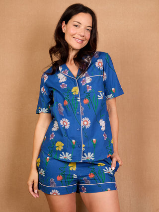Womens Cotton Shortie Pyjamas Navy Field Flower