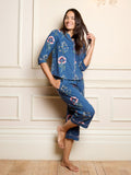 Womens Cotton Cropped Sleeve Capri Pyjamas Navy Folk Flowers