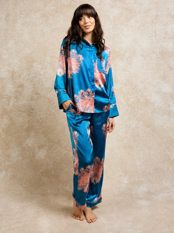 Womens Satin Oversize Concealed Buttons Pyjama Teal Ostrich