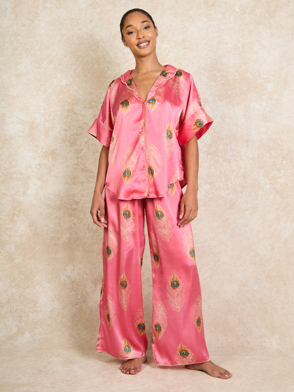 Womens Satin Oversize Pyjamas Pink Gold Peacock Feather