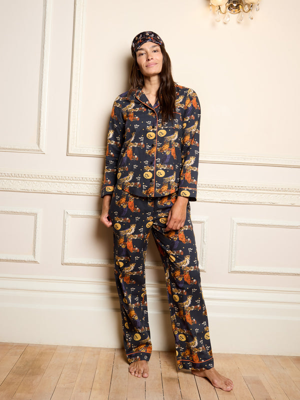 Womens Cotton Traditional Pyjamas Charcoal Owl Moonlight