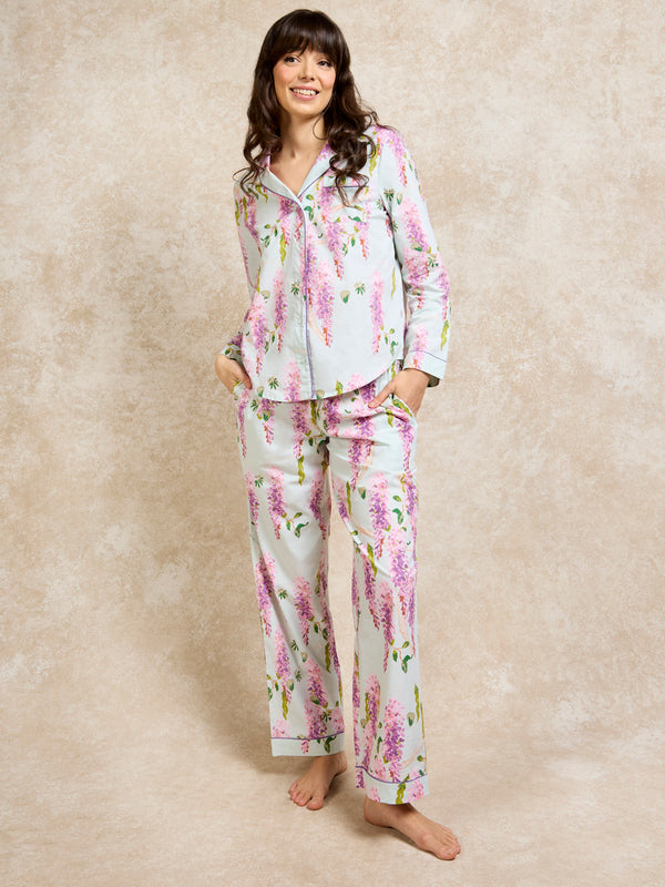 Womens Cotton Traditional Pyjamas Duck Egg Wisteria