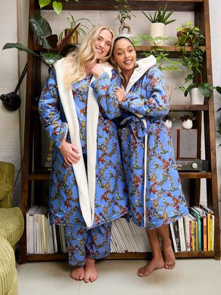 Womens Cosy Dressing Gown Robe Blue Woodland Creatures