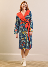 Womens Washed Navy Neo Classical Bouquet Velvet Dressing Gown