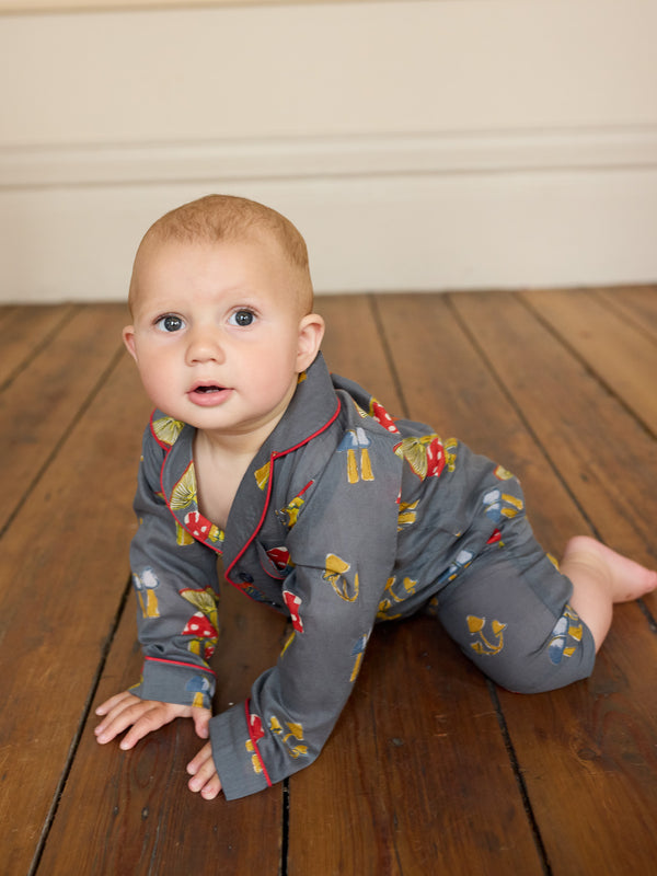 Kids Cotton Traditional Pyjamas Charcoal Mushroom