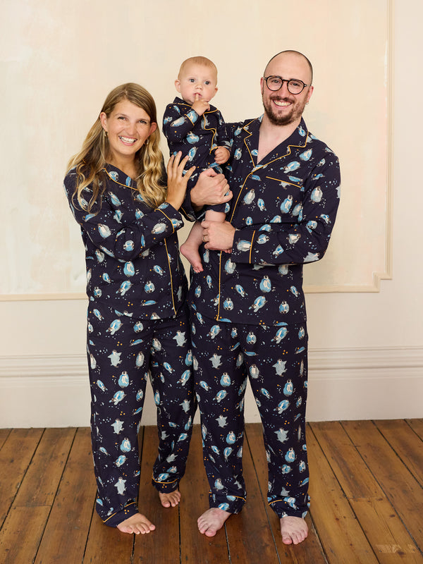 Womens Cotton Traditional Pyjamas Navy Penguins