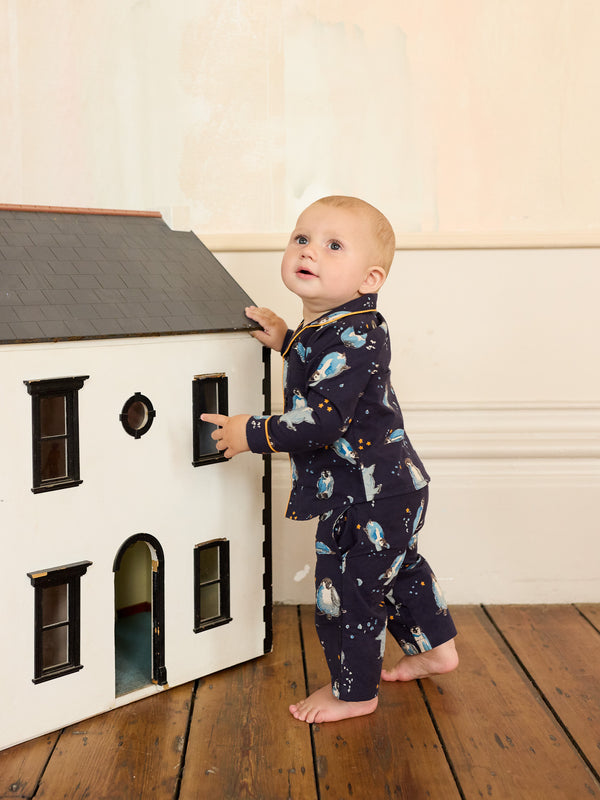 Kids Cotton Traditional Pyjamas Navy Penguins