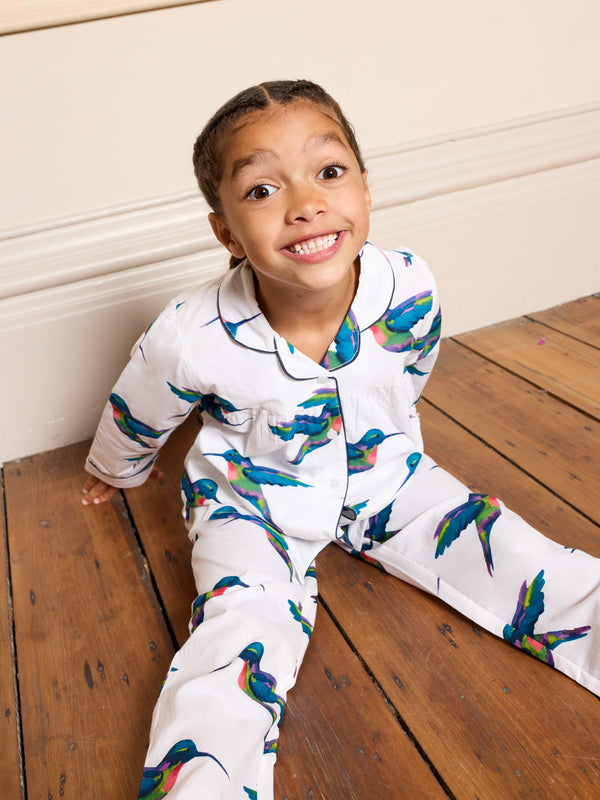 Girls Cotton Pleated Traditional Pyjamas White Hummingbird