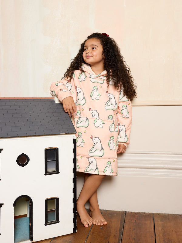 Girls Cosy Oversize Fleece Lined Hoodie Pink Polar Bear