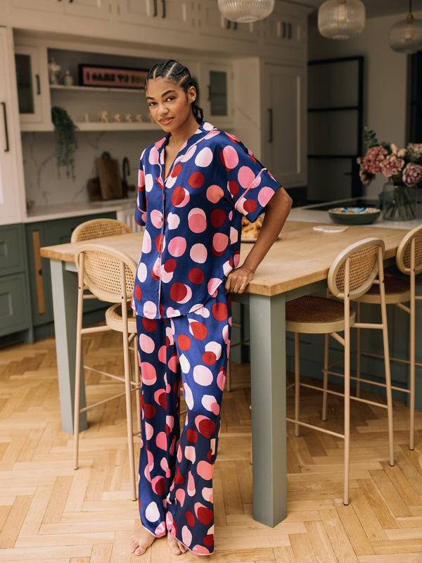 Womens Satin Oversize Pyjamas Navy Confetti Dot