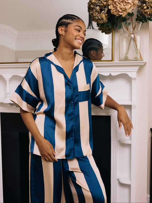 Womens Satin Oversize Pyjamas Navy Stripe